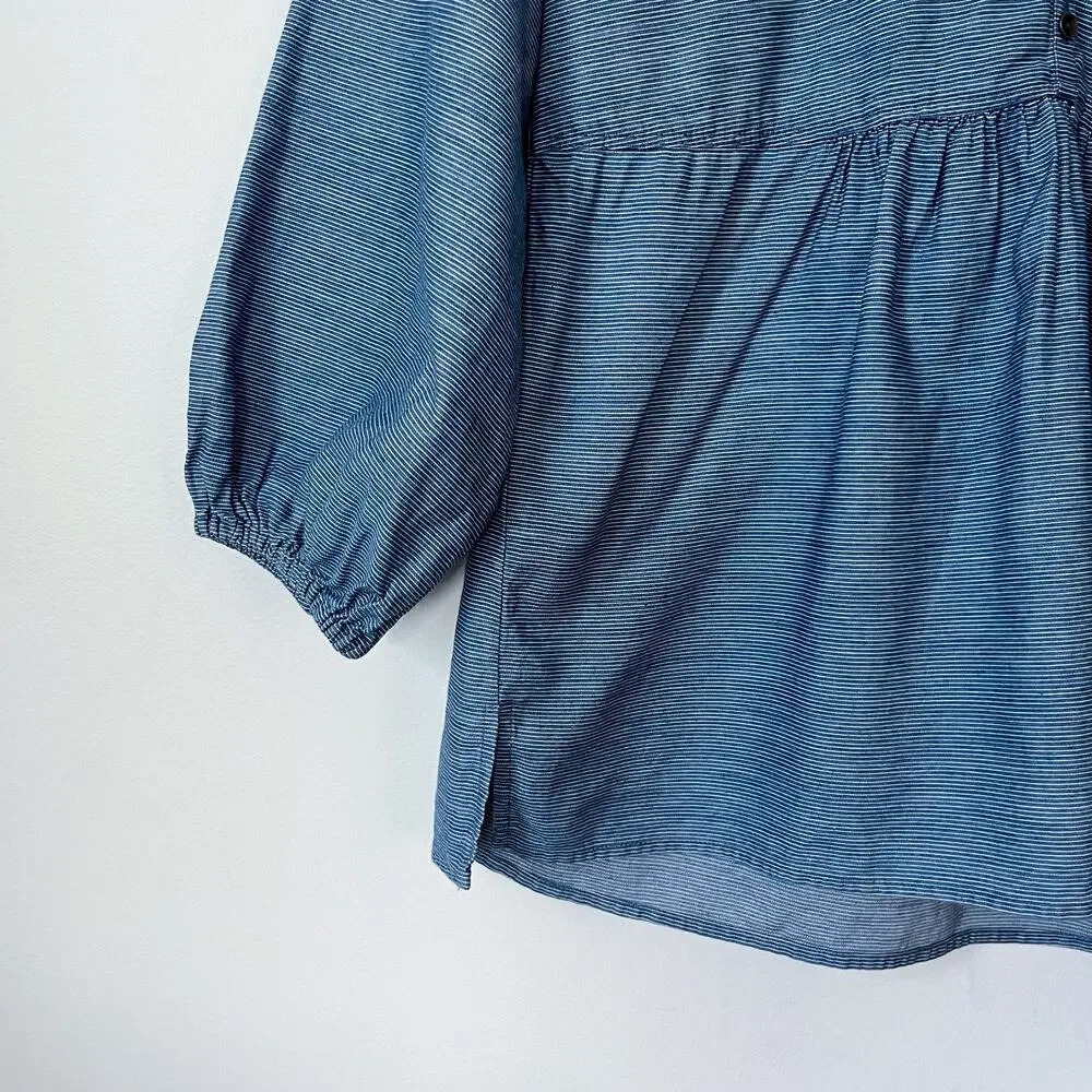 Lucky Brand Womens Striped Popover Top Indigo Multi Small Casual Cotton Lyocell - Picture 7 of 12
